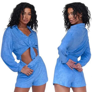 Princess Polly Long Sleeve Collared Terrycloth Romper Women's 2 Blue Beach Swim